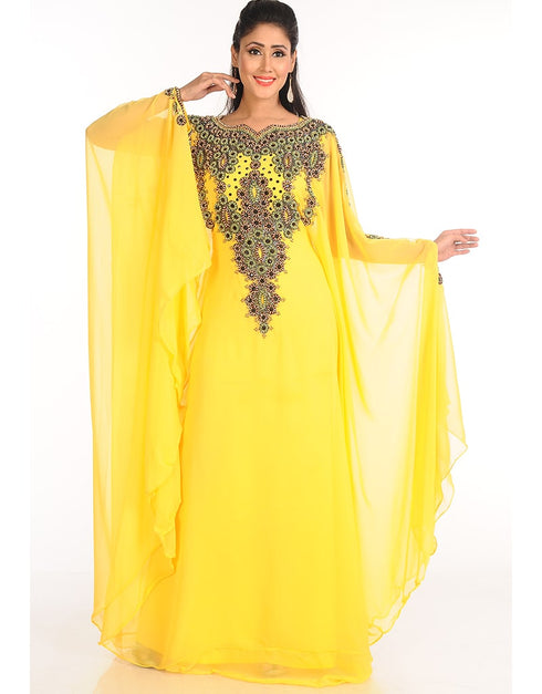 Dubai Yellow Georgette Hand Zari Embroidery Farasha