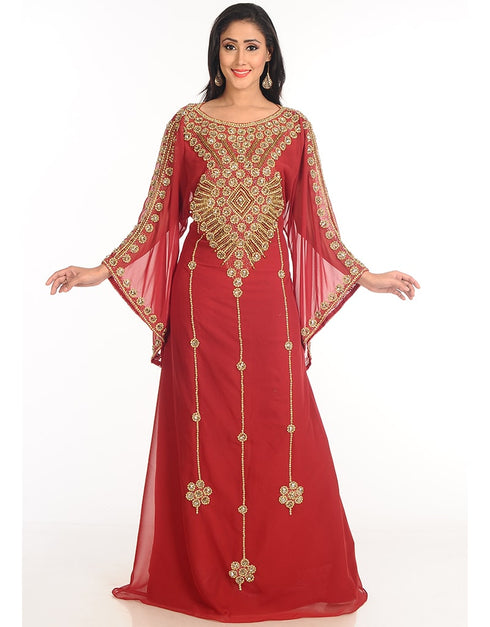 Modest Maroon Georgette Hand Zari Embroidery Galabiya