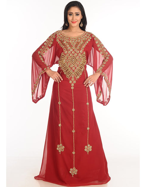 Modest Maroon Georgette Hand Zari Embroidery Galabiya