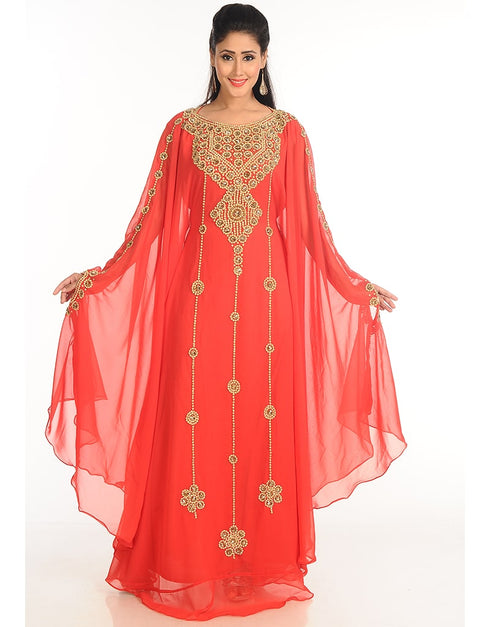 Arabic Peach Georgette Hand Zari Embroidery Farasha