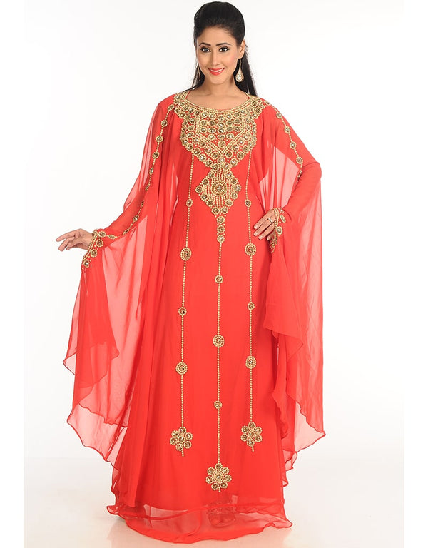 Arabic Peach Georgette Hand Zari Embroidery Farasha