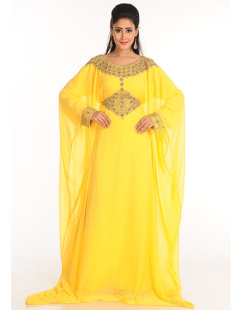 Women Yellow Georgette Hand Zari Embroidery Farasha