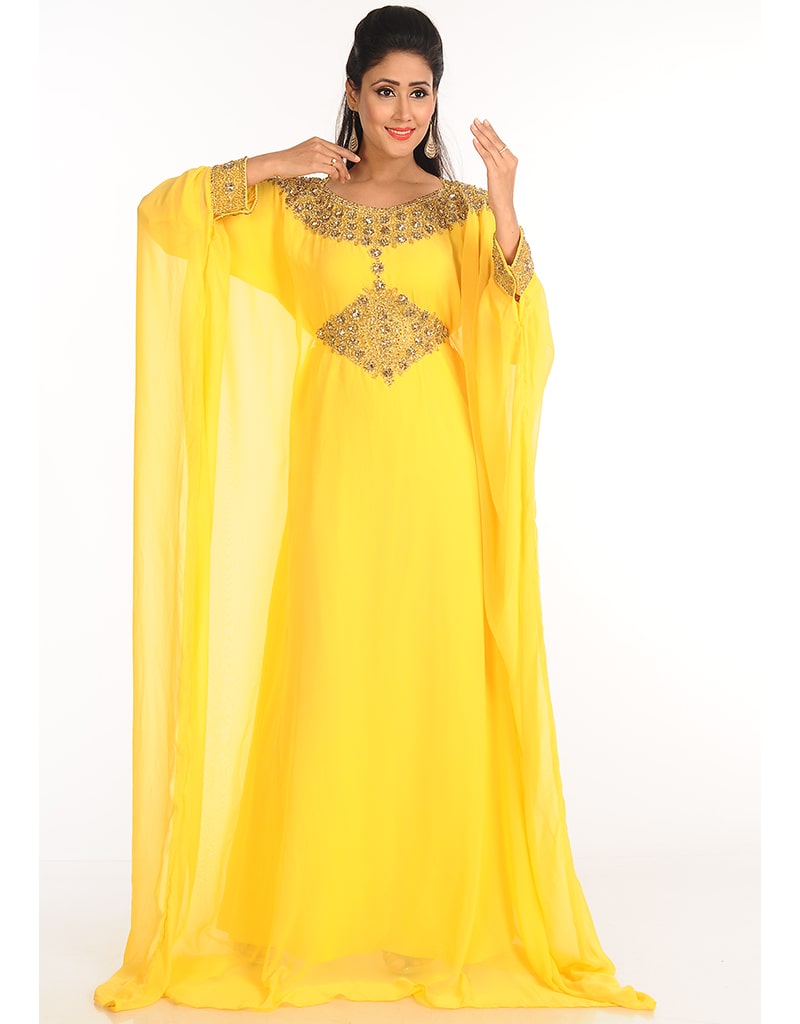 Modern Yellow Georgette Hand Zari Embroidery Kaftan main image 1