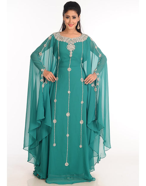 Muslimah Green Georgette Hand Zari Embroidery Farasha