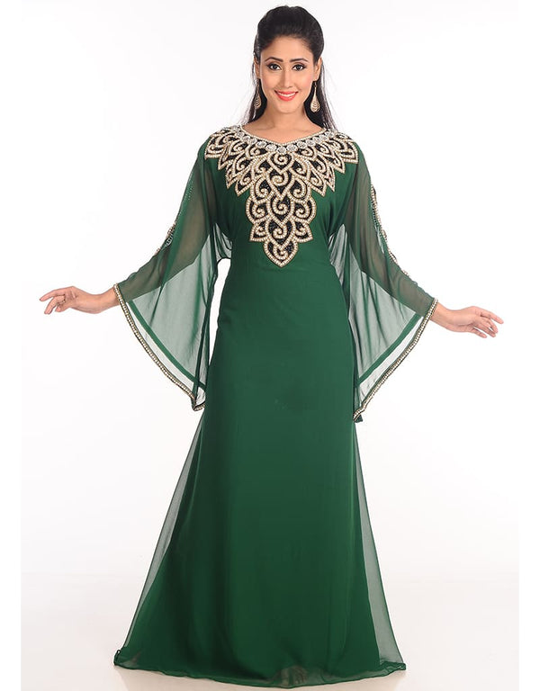 Modern Bottle Green Georgette Hand Zari Embroidery Galabiya