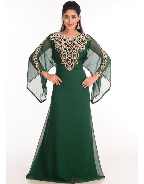 Modern Bottle Green Georgette Hand Zari Embroidery Galabiya
