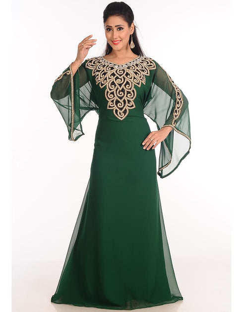 Modern Bottle Green Georgette Hand Zari Embroidery Galabiya