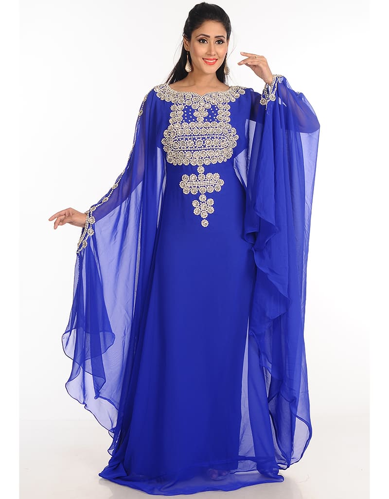 Trendy Royal Blue Georgette Hand Zari Embroidery Farasha