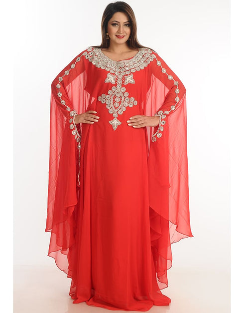 Muslim Red Georgette Hand Zari Embroidery Farasha