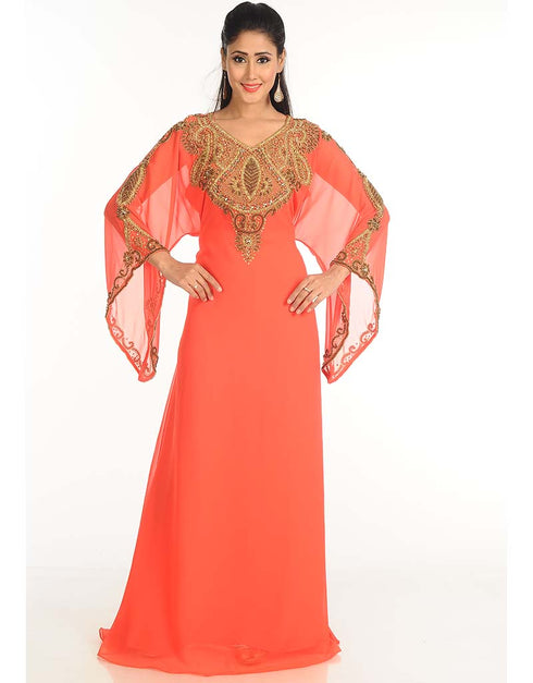 Arabic Peach Georgette Hand Zari Embroidery Galabiya