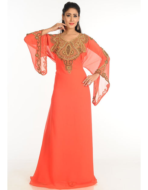 Arabic Peach Georgette Hand Zari Embroidery Galabiya