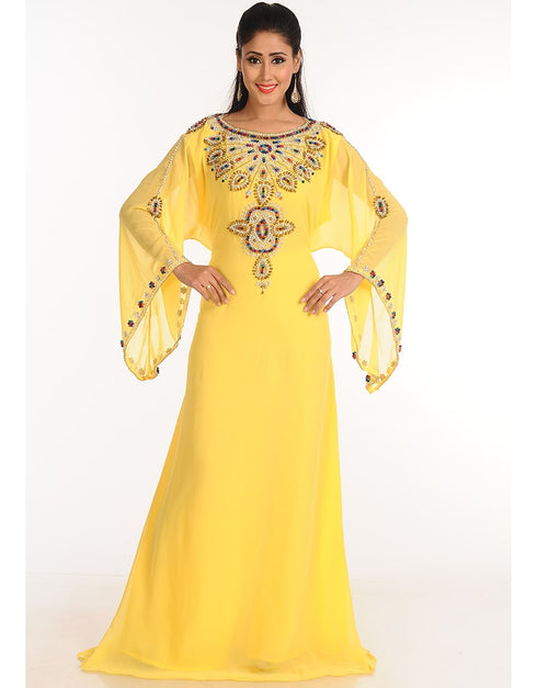 Women Yellow Georgette Hand Zari Embroidery Galabiya