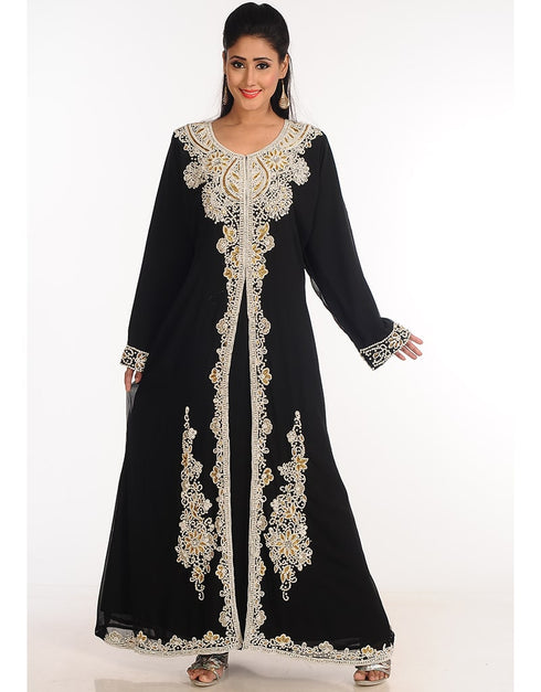 Chic Black Georgette Hand Zari Embroidery Kaftan
