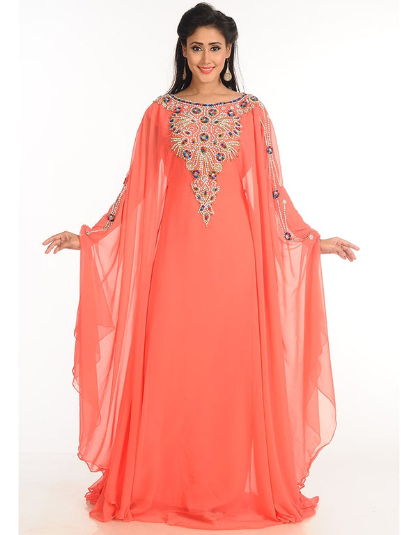 Modern Peach Georgette Hand Zari Embroidery Farasha