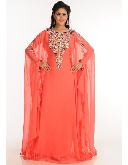 Modern Peach Georgette Hand Zari Embroidery Farasha