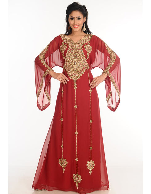 Dubai Maroon Georgette Hand Zari Embroidery Galabiya