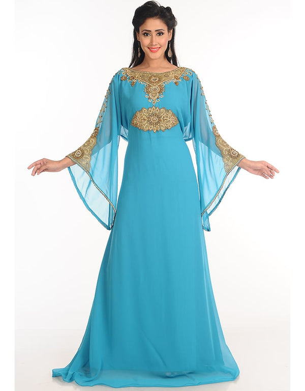 Muslim Firozi Georgette Hand Zari Embroidery Galabiya