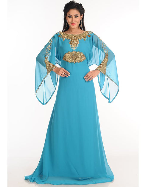 Muslim Firozi Georgette Hand Zari Embroidery Galabiya