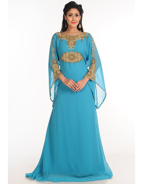 Muslim Firozi Georgette Hand Zari Embroidery Galabiya