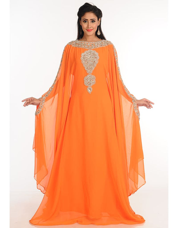 Islamic Orange Georgette Hand Zari Embroidery Farasha