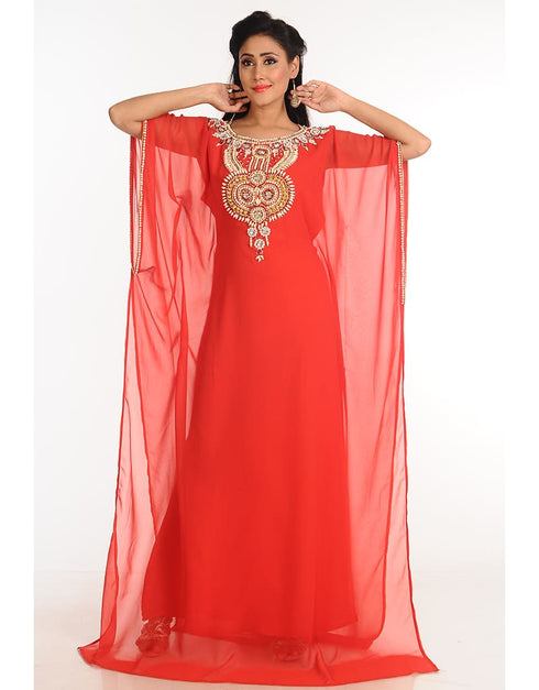 Arabic Red Georgette Hand Zari Embroidery Farasha