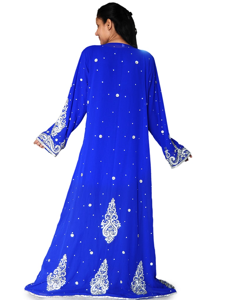 Dubai Aqua Blue Georgette Hand Printed Embroidery Kaftan