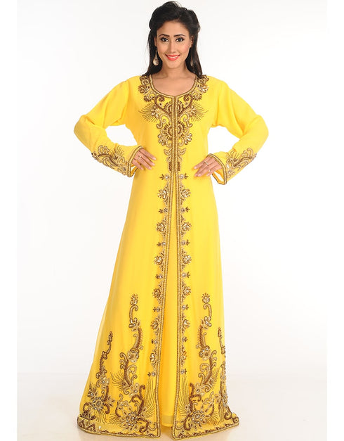 Modern Yellow Georgette Hand Zari Embroidery Kaftan