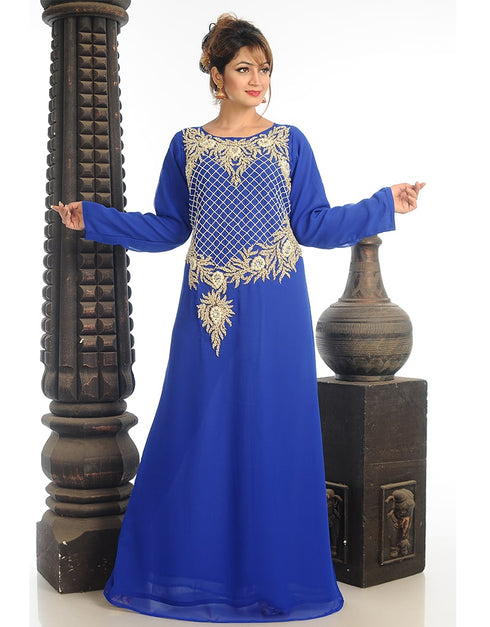 Muslim Blue Georgette Hand Zari Embroidery Kaftan