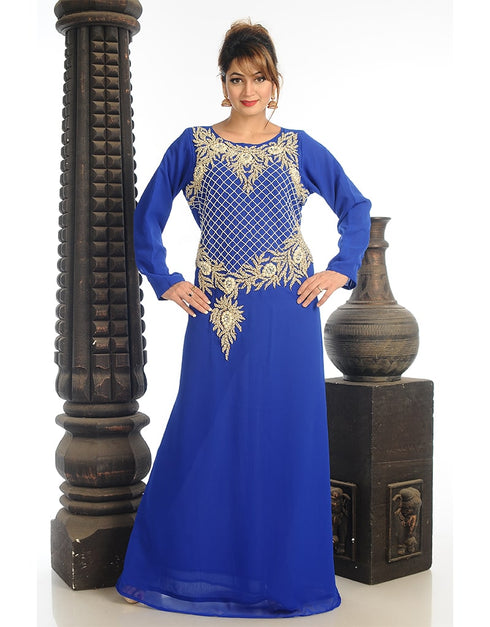 Muslim Blue Georgette Hand Zari Embroidery Kaftan