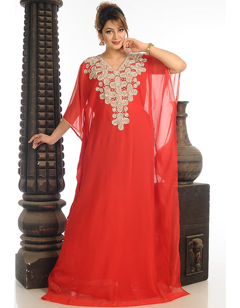 Modest Red Georgette Hand Zari Embroidery Farasha