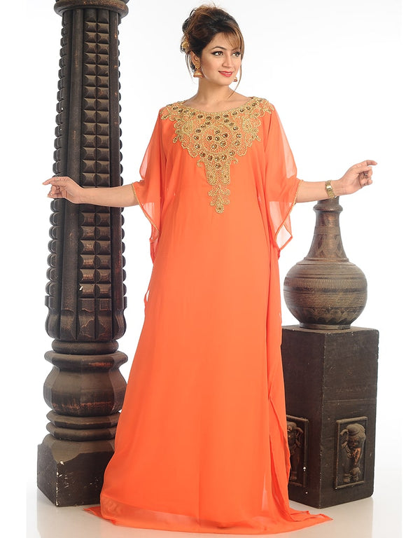 Islamic Light Orange Georgette Hand Zari Embroidery Farasha