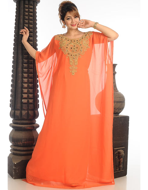 Islamic Light Orange Georgette Hand Zari Embroidery Farasha