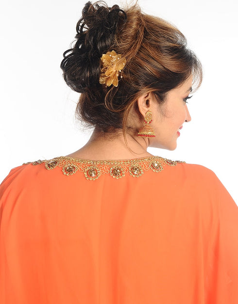 Islamic Light Orange Georgette Hand Zari Embroidery Farasha