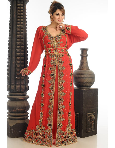 Arabic Red Georgette Hand Zari Embroidery Kaftan