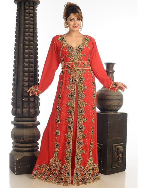 Arabic Red Georgette Hand Zari Embroidery Kaftan
