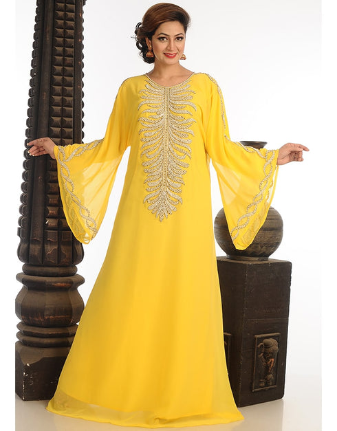 Muslimah Yellow Georgette Hand Zari Embroidery Galabiya