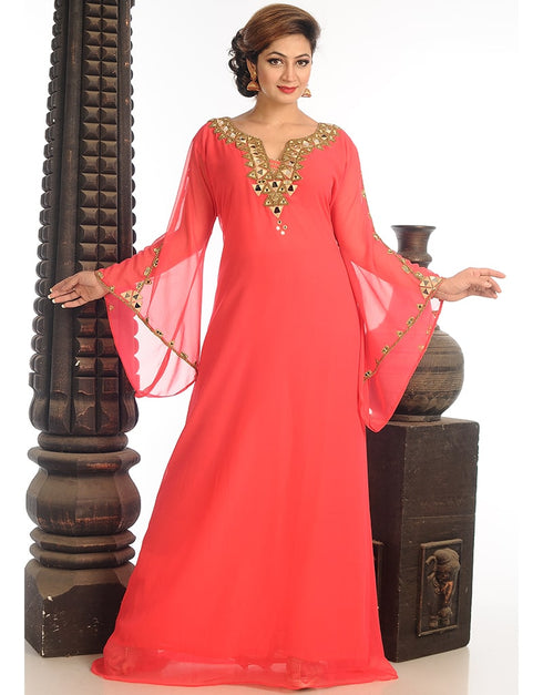 Trendy Peach Georgette Hand Zari Embroidery Galabiya