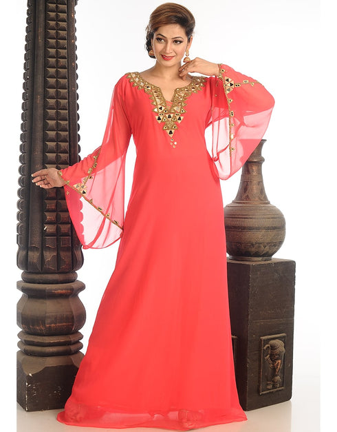 Trendy Peach Georgette Hand Zari Embroidery Galabiya