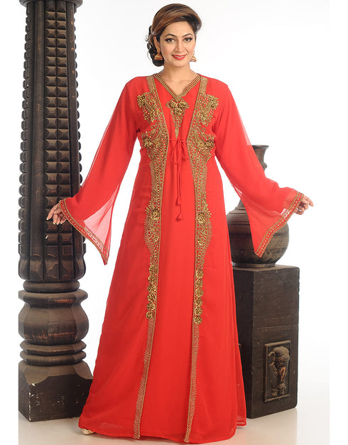 Dubai Red Georgette Hand Zari Embroidery Kaftan
