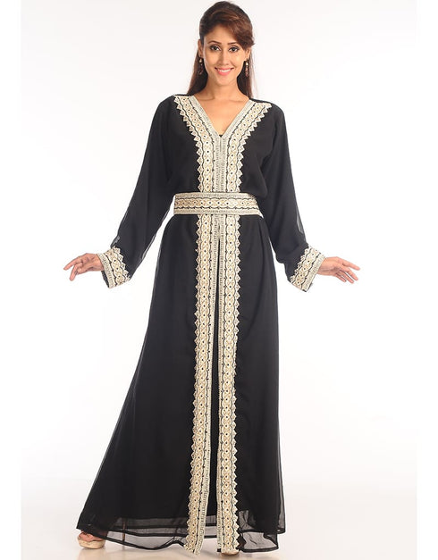 Modest Black Georgette Hand Zari Embroidery Kaftan