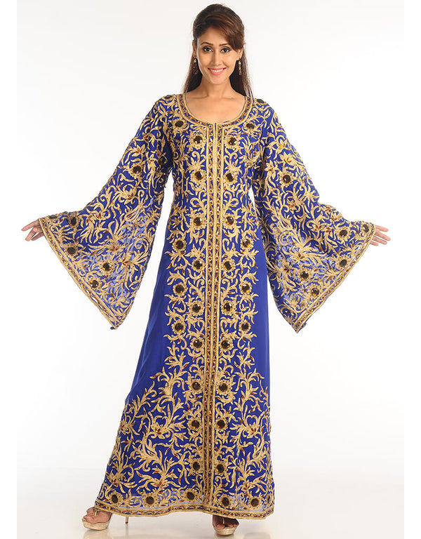 Islamic Blue Georgette Hand Zari Embroidery Galabiya