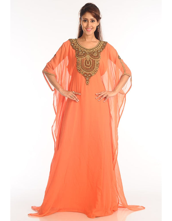Trendy Peach Georgette Hand Zari Embroidery Farasha
