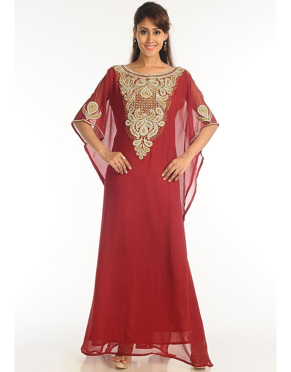 Dubai Maroon Georgette Hand Zari Embroidery Farasha