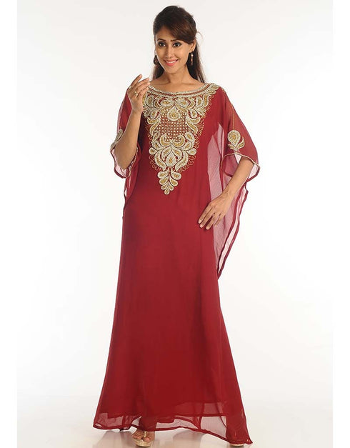 Dubai Maroon Georgette Hand Zari Embroidery Farasha