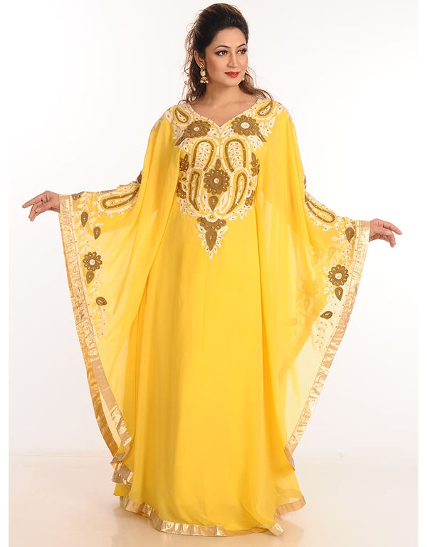 Islamic Yellow Georgette Hand Zari Embroidery Farasha