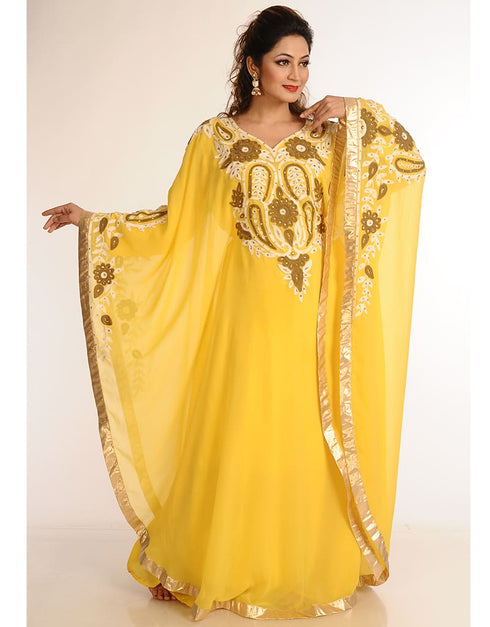 Islamic Yellow Georgette Hand Zari Embroidery Farasha