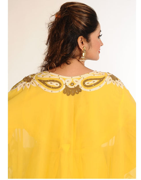 Islamic Yellow Georgette Hand Zari Embroidery Farasha