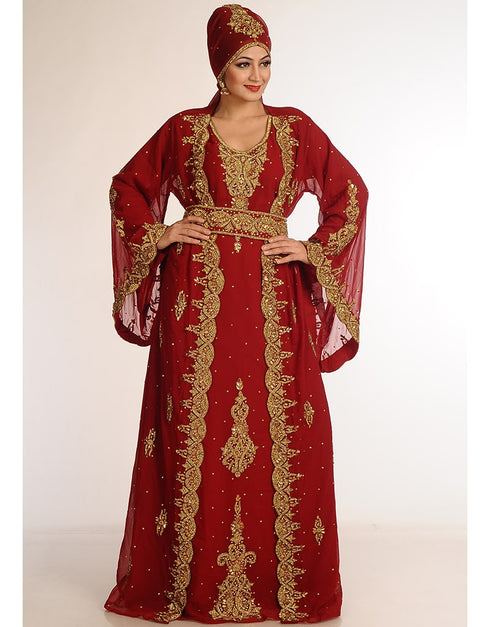 Arabic Maroon Georgette Hand Zari Embroidery Kaftan