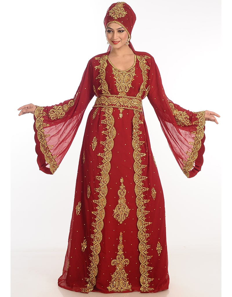 Trendy Maroon Georgette Hand Zari Embroidery Kaftan