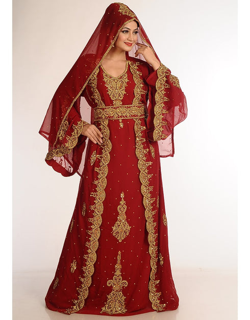 Arabic Maroon Georgette Hand Zari Embroidery Kaftan